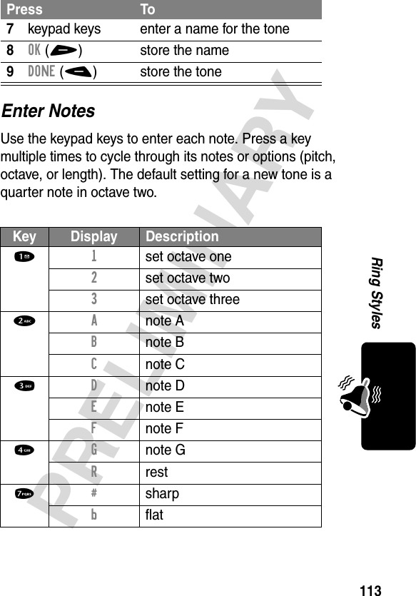 113PRELIMINARYRing StylesEnter NotesUse the keypad keys to enter each note. Press a key multiple times to cycle through its notes or options (pitch, octave, or length). The default setting for a new tone is a quarter note in octave two.7keypad keys enter a name for the tone8OK(+) store the name9DONE(-) store the toneKey Display Description1 1 set octave one2 set octave two3 set octave three2 A note AB note BC note C3 D note DE note EF note F4 G note GR rest7 # sharpb flatPress To