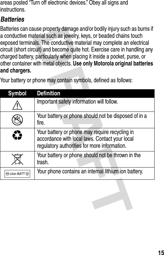 DRAFT 15areas posted “Turn off electronic devices.” Obey all signs and instructions.BatteriesBatteries can cause property damage and/or bodily injury such as burns if a conductive material such as jewelry, keys, or beaded chains touch exposed terminals. The conductive material may complete an electrical circuit (short circuit) and become quite hot. Exercise care in handling any charged battery, particularly when placing it inside a pocket, purse, or other container with metal objects. Use only Motorola original batteries and chargers.Your battery or phone may contain symbols, defined as follows:Symbol DefinitionImportant safety information will follow.Your battery or phone should not be disposed of in a fire.Your battery or phone may require recycling in accordance with local laws. Contact your local regulatory authorities for more information.Your battery or phone should not be thrown in the trash.Your phone contains an internal lithium ion battery.LiIon BATT