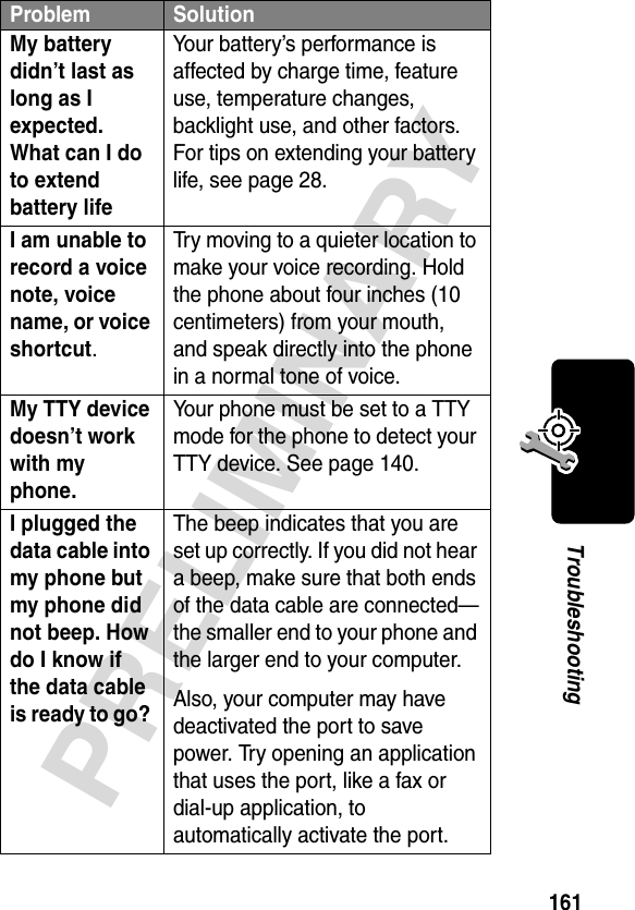 161PRELIMINARYTroubleshootingMy battery didn’t last as long as I expected. What can I do to extend battery life Your battery’s performance is affected by charge time, feature use, temperature changes, backlight use, and other factors. For tips on extending your battery life, see page 28.I am unable to record a voice note, voice name, or voice shortcut. Try moving to a quieter location to make your voice recording. Hold the phone about four inches (10 centimeters) from your mouth, and speak directly into the phone in a normal tone of voice.My TTY device doesn’t work with my phone. Your phone must be set to a TTY mode for the phone to detect your TTY device. See page 140.I plugged the data cable into my phone but my phone did not beep. How do I know if the data cable is ready to go? The beep indicates that you are set up correctly. If you did not hear a beep, make sure that both ends of the data cable are connected—the smaller end to your phone and the larger end to your computer.Also, your computer may have deactivated the port to save power. Try opening an application that uses the port, like a fax or dial-up application, to automatically activate the port.Problem Solution