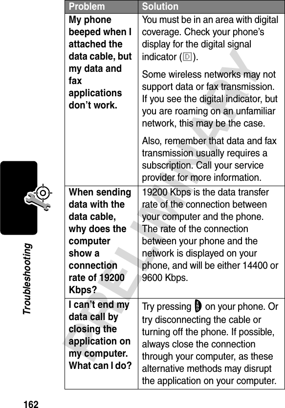 162PRELIMINARYTroubleshootingMy phone beeped when I attached the data cable, but my data and fax applications don’t work. You must be in an area with digital coverage. Check your phone’s display for the digital signal indicator (F).Some wireless networks may not support data or fax transmission. If you see the digital indicator, but you are roaming on an unfamiliar network, this may be the case.Also, remember that data and fax transmission usually requires a subscription. Call your service provider for more information.When sending data with the data cable, why does the computer show a connection rate of 19200 Kbps? 19200 Kbps is the data transfer rate of the connection between your computer and the phone. The rate of the connection between your phone and the network is displayed on your phone, and will be either 14400 or 9600 Kbps.I can’t end my data call by closing the application on my computer. What can I do? Try pressing O on your phone. Or try disconnecting the cable or turning off the phone. If possible, always close the connection through your computer, as these alternative methods may disrupt the application on your computer.Problem Solution