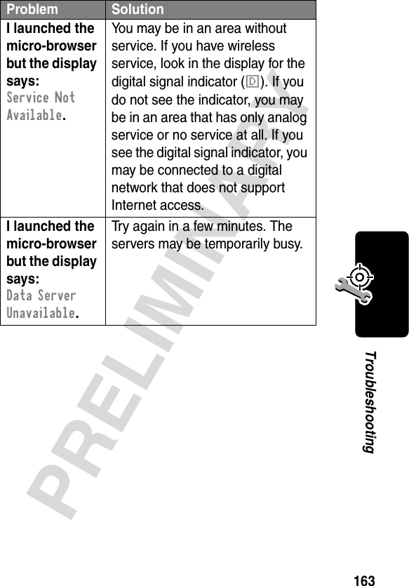 163PRELIMINARYTroubleshootingI launched the micro-browser but the display says: Service Not Available. You may be in an area without service. If you have wireless service, look in the display for the digital signal indicator (F). If you do not see the indicator, you may be in an area that has only analog service or no service at all. If you see the digital signal indicator, you may be connected to a digital network that does not support Internet access.I launched the micro-browser but the display says: Data Server Unavailable. Try again in a few minutes. The servers may be temporarily busy.Problem Solution