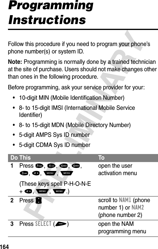 164PRELIMINARYProgramming InstructionsFollow this procedure if you need to program your phone’s phone number(s) or system ID.Note: Programming is normally done by a trained technician at the site of purchase. Users should not make changes other than ones in the following procedure.Before programming, ask your service provider for your:•10-digit MIN (Mobile Identification Number)•8- to 15-digit IMSI (International Mobile Service Identifier)•8- to 15-digit MDN (Mobile Directory Number)•5-digit AMPS Sys ID number•5-digit CDMA Sys ID numberDo This To1Press 7, 4, 6, 6, 3, #, M, M(These keys spell P-H-O-N-E + #, M, M.)open the user activation menu2Press S scroll to NAM1 (phone number 1) or NAM2 (phone number 2)3Press SELECT(+) open the NAM programming menu