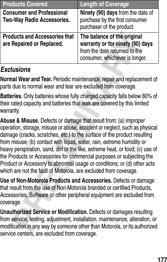 177PRELIMINARYExclusionsNormal Wear and Tear. Periodic maintenance, repair and replacement of parts due to normal wear and tear are excluded from coverage.Batteries. Only batteries whose fully charged capacity falls below 80% of their rated capacity and batteries that leak are covered by this limited warranty.Abuse &amp; Misuse. Defects or damage that result from: (a) improper operation, storage, misuse or abuse, accident or neglect, such as physical damage (cracks, scratches, etc.) to the surface of the product resulting from misuse; (b) contact with liquid, water, rain, extreme humidity or heavy perspiration, sand, dirt or the like, extreme heat, or food; (c) use of the Products or Accessories for commercial purposes or subjecting the Product or Accessory to abnormal usage or conditions; or (d) other acts which are not the fault of Motorola, are excluded from coverage.Use of Non-Motorola Products and Accessories. Defects or damage that result from the use of Non-Motorola branded or certified Products, Accessories, Software or other peripheral equipment are excluded from coverage.Unauthorized Service or Modification. Defects or damages resulting from service, testing, adjustment, installation, maintenance, alteration, or modification in any way by someone other than Motorola, or its authorized service centers, are excluded from coverage.Consumer and Professional Two-Way Radio Accessories. Ninety (90) days from the date of purchase by the first consumer purchaser of the product.Products and Accessories that are Repaired or Replaced. The balance of the original warranty or for ninety (90) days from the date returned to the consumer, whichever is longer.Products Covered Length of Coverage