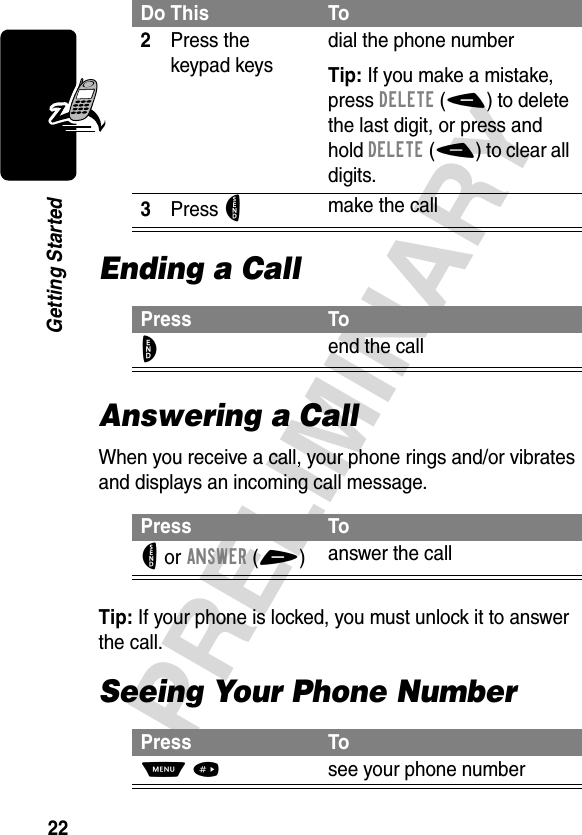 22PRELIMINARYGetting StartedEnding a CallAnswering a CallWhen you receive a call, your phone rings and/or vibrates and displays an incoming call message.Tip: If your phone is locked, you must unlock it to answer the call.Seeing Your Phone Number2Press the keypad keysdial the phone numberTip: If you make a mistake, press DELETE(-) to delete the last digit, or press and hold DELETE(-) to clear all digits.3Press Nmake the callPress ToO end the callPress ToN or ANSWER(+)answer the callPress ToM#see your phone numberDo This To