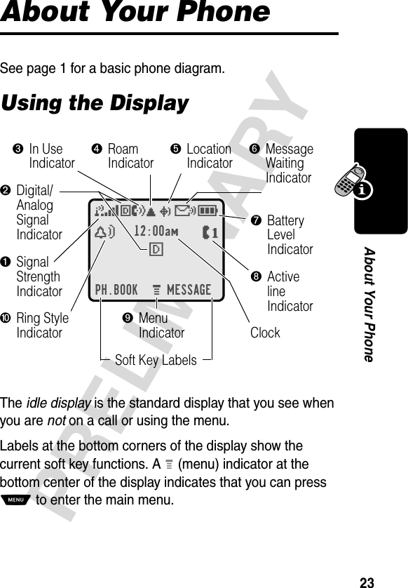 23PRELIMINARYAbout Your PhoneAbout Your PhoneSee page 1 for a basic phone diagram.Using the DisplayThe idle display is the standard display that you see when you are not on a call or using the menu.Labels at the bottom corners of the display show the current soft key functions. A M (menu) indicator at the bottom center of the display indicates that you can press M to enter the main menu.12:00amF PH.BOOK MESSAGEMO,N&amp;5EèwPClock➐BatteryLevelIndicator➌In UseIndicator➍RoamIndicator➎Location Indicator➏MessageWaitingIndicator➓Ring StyleIndicator➊SignalStrengthIndicator➋Digital/AnalogSignalIndicator➑ActivelineIndicator➒MenuIndicatorSoft Key Labels