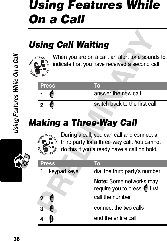 36PRELIMINARYUsing Features While On a CallUsing Features While On a CallUsing Call WaitingWhen you are on a call, an alert tone sounds to indicate that you have received a second call.Making a Three-Way CallDuring a call, you can call and connect a third party for a three-way call. You cannot do this if you already have a call on hold.Press To1N answer the new call2N switch back to the first callPress To1keypad keys dial the third party’s numberNote: Some networks may require you to press N first.2N call the number3N connect the two calls4O end the entire call