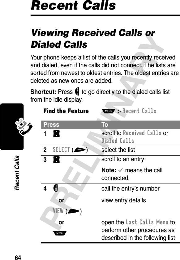 64PRELIMINARYRecent CallsRecent CallsViewing Received Calls or Dialed CallsYour phone keeps a list of the calls you recently received and dialed, even if the calls did not connect. The lists are sorted from newest to oldest entries. The oldest entries are deleted as new ones are added.Shortcut: Press N to go directly to the dialed calls list from the idle display.Find the FeatureM&gt;Recent CallsPress To1S scroll to Received Calls or Dialed Calls2SELECT(+) select the list3S scroll to an entryNote: &lt; means the call connected.4N orVIEW(+) orM call the entry’s numberview entry detailsopen the Last Calls Menu to perform other procedures as described in the following list