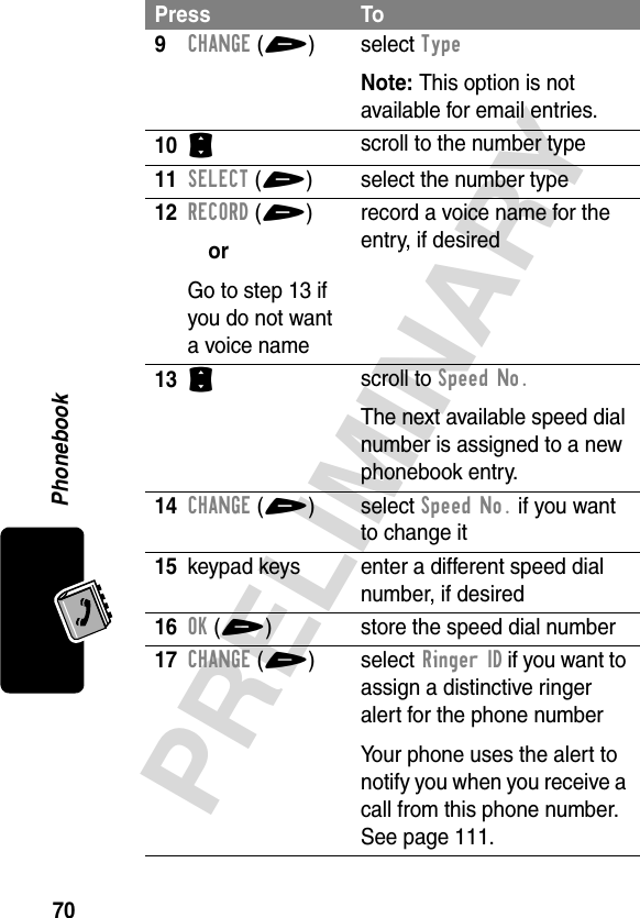 Phonebook70PRELIMINARY9CHANGE(+) select TypeNote: This option is not available for email entries.10S scroll to the number type11SELECT(+) select the number type12RECORD(+)orGo to step 13 if you do not want a voice namerecord a voice name for the entry, if desired13S scroll to Speed No.The next available speed dial number is assigned to a new phonebook entry.14CHANGE(+) select Speed No. if you want to change it15keypad keys enter a different speed dial number, if desired16OK(+) store the speed dial number17CHANGE(+) select Ringer ID if you want to assign a distinctive ringer alert for the phone numberYour phone uses the alert to notify you when you receive a call from this phone number. See page 111.Press To