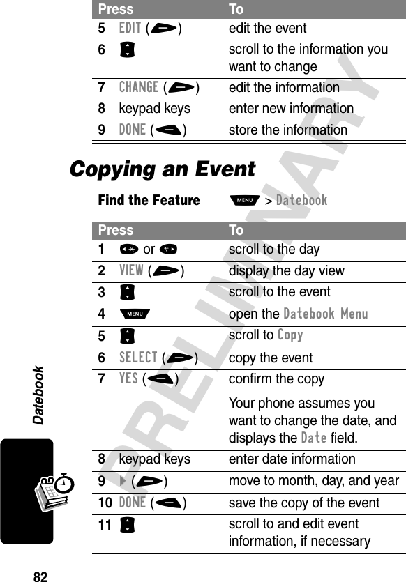 82PRELIMINARYDatebookCopying an Event5EDIT(+) edit the event6S scroll to the information you want to change7CHANGE(+) edit the information8keypad keys enter new information9DONE (-) store the informationFind the FeatureM&gt;DatebookPress To1* or #scroll to the day2VIEW(+) display the day view3S scroll to the event4M open the Datebook Menu5S scroll to Copy6SELECT(+) copy the event7YES(-) confirm the copyYour phone assumes you want to change the date, and displays the Date field.8keypad keys enter date information9}(+)move to month, day, and year10DONE(-) save the copy of the event11S scroll to and edit event information, if necessaryPress To