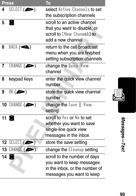 99PRELIMINARYMessages—Text4SELECT(+) select Active Channels to set the subscription channels5S scroll to an active channel that you want to disable, or scroll to [New Channel] to add a new channel6BACK(-)  return to the cell broadcast menu when you are finished setting subscription channels7CHANGE(+) change the Quick View channel8keypad keys  enter the quick view channel number9OK(+) store the quick view channel number10CHANGE(+) change the Save Q.View setting11S scroll to Yes or No to set whether you want to save single-line quick view messages in the inbox12SELECT(+) store the save setting13CHANGE(+) change the Cleanup setting14S scroll to the number of days you want to keep messages in the inbox, or the number of messages you want to keepPress To