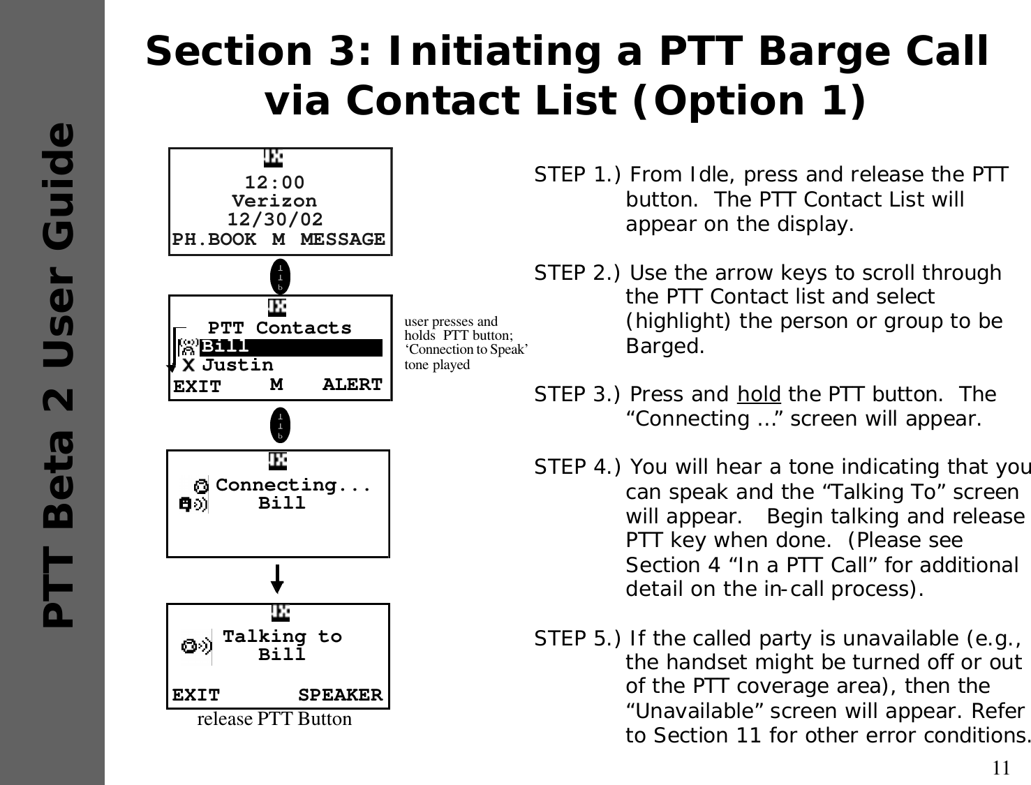 11PTT Beta 2 User GuideSection 3: Initiating a PTT Barge Call via Contact List (Option 1)STEP 1.) From Idle, press and release the PTT button.  The PTT Contact List will appear on the display.STEP 2.) Use the arrow keys to scroll through the PTT Contact list and select (highlight) the person or group to be Barged.STEP 3.) Press and hold the PTT button.  The “Connecting …” screen will appear.STEP 4.) You will hear a tone indicating that you can speak and the “Talking To” screen will appear.   Begin talking and release PTT key when done.  (Please see Section 4 “In a PTT Call” for additional detail on the in-call process).STEP 5.) If the called party is unavailable (e.g., the handset might be turned off or out of the PTT coverage area), then the “Unavailable” screen will appear. Refer to Section 11 for other error conditions.PH.BOOK MESSAGEM12:00Verizon12/30/02ALERTMPTT Contacts  Bill  JustinEXIT  Connecting...BillEXIT SPEAKERTalking to Billrelease PTT Buttonuser presses and holds  PTT button; ‘Connection to Speak’  tone played