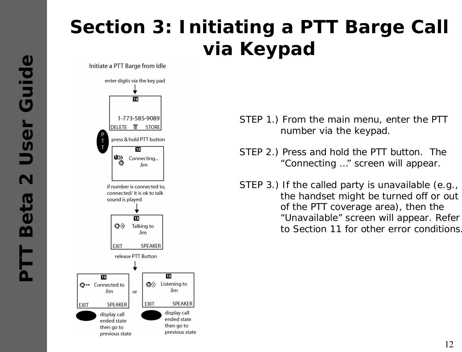 12PTT Beta 2 User GuideSection 3: Initiating a PTT Barge Call via KeypadSTEP 1.) From the main menu, enter the PTT number via the keypad.STEP 2.) Press and hold the PTT button.  The “Connecting …” screen will appear.STEP 3.) If the called party is unavailable (e.g., the handset might be turned off or out of the PTT coverage area), then the “Unavailable” screen will appear. Refer to Section 11 for other error conditions.