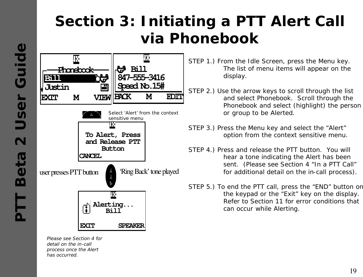 19PTT Beta 2 User GuideSection 3: Initiating a PTT Alert Call via PhonebookSTEP 1.) From the Idle Screen, press the Menu key.  The list of menu items will appear on the display.STEP 2.) Use the arrow keys to scroll through the list and select Phonebook.  Scroll through the Phonebook and select (highlight) the person or group to be Alerted.STEP 3.) Press the Menu key and select the “Alert” option from the context sensitive menu.STEP 4.) Press and release the PTT button.  You will hear a tone indicating the Alert has been sent.  (Please see Section 4 “In a PTT Call” for additional detail on the in-call process).STEP 5.) To end the PTT call, press the “END” button on the keypad or the “Exit” key on the display. Refer to Section 11 for error conditions that can occur while Alerting.Please see Section 4 for detail on the in-call process once the Alert has occurred.EXIT VIEWM---Phonebook----BillJustin BACK EDITM    Bill847-555-3416Speed No.15#CANCELTo Alert, Press and Release PTTButtonEXIT SPEAKERAlerting...Bill user presses PTT button  ‘Ring Back’ tone playedSelect ‘Alert’ from the context sensitive menu