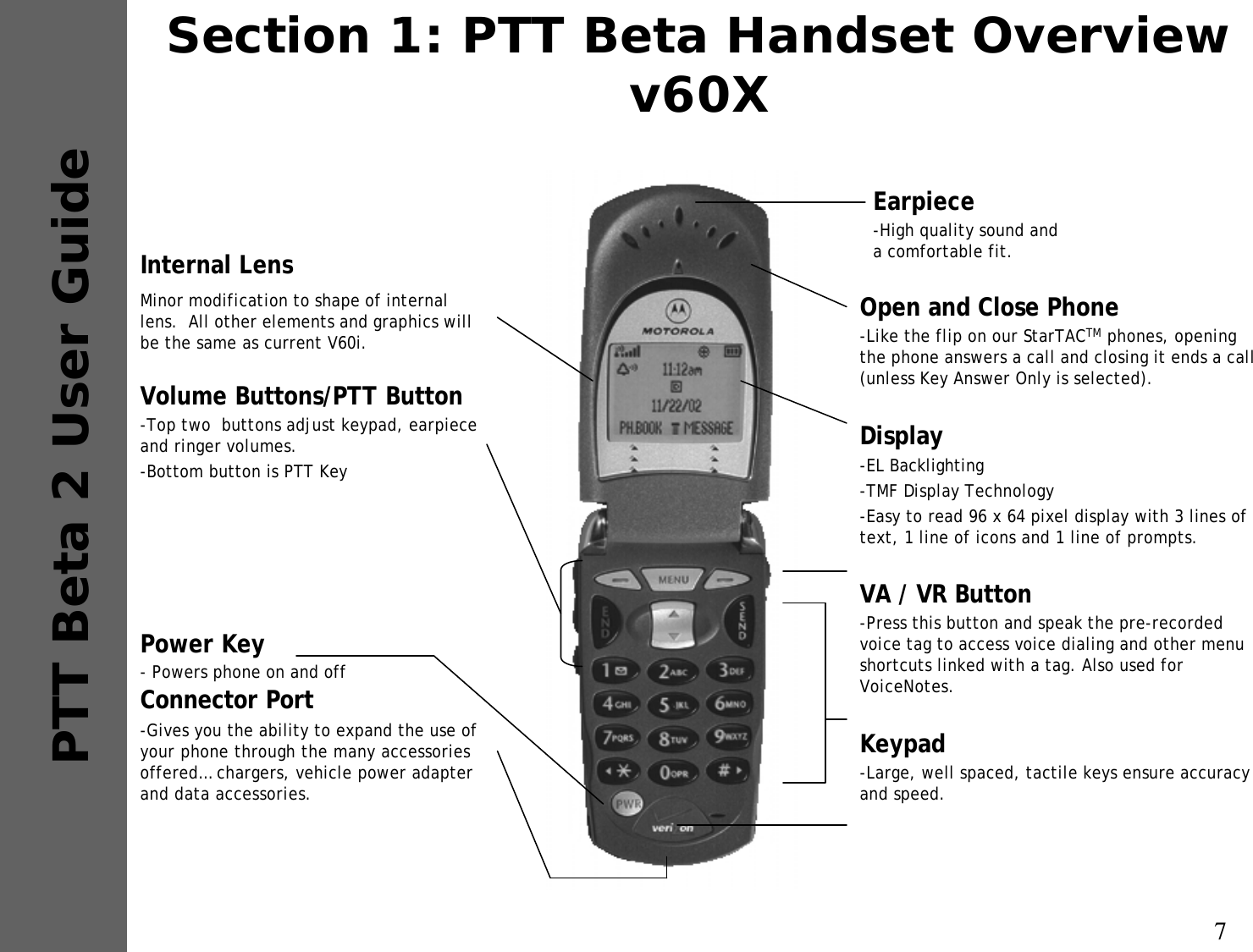 7PTT Beta 2 User GuideOpen and Close Phone-Like the flip on our StarTACTM phones, opening the phone answers a call and closing it ends a call (unless Key Answer Only is selected).Display-EL Backlighting-TMF Display Technology-Easy to read 96 x 64 pixel display with 3 lines of text, 1 line of icons and 1 line of prompts.VA / VR Button-Press this button and speak the pre-recorded voice tag to access voice dialing and other menu shortcuts linked with a tag. Also used for  VoiceNotes.Keypad-Large, well spaced, tactile keys ensure accuracy and speed.Volume Buttons/PTT Button-Top two  buttons adjust keypad, earpiece and ringer volumes. -Bottom button is PTT Key Power Key-Powers phone on and offConnector Port-Gives you the ability to expand the use of your phone through the many accessories offered… chargers, vehicle power adapter and data accessories.Internal LensMinor modification to shape of internal lens.  All other elements and graphics will be the same as current V60i.Earpiece-High quality sound and a comfortable fit.Section 1: PTT Beta Handset Overviewv60X