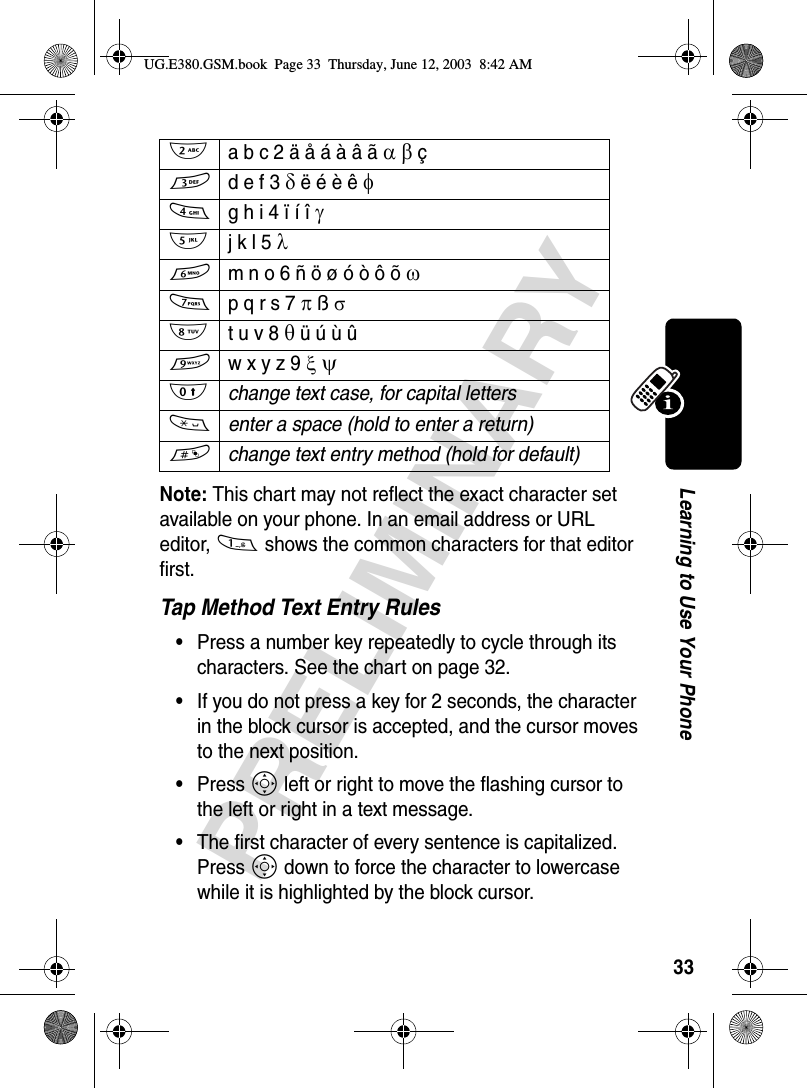 33PRELIMINARYLearning to Use Your PhoneNote: This chart may not reflect the exact character set available on your phone. In an email address or URL editor, 1 shows the common characters for that editor first. Tap Method Text Entry Rules•Press a number key repeatedly to cycle through its characters. See the chart on page 32.•If you do not press a key for 2 seconds, the character in the block cursor is accepted, and the cursor moves to the next position.•Press S left or right to move the flashing cursor to the left or right in a text message.•The first character of every sentence is capitalized. Press S down to force the character to lowercase while it is highlighted by the block cursor. 2a b c 2 ä å á à â ã α β ç3d e f 3 δ ë é è ê φ4g h i 4 ï í î γ5j k l 5 λ6m n o 6 ñ ö ø ó ò ô õ ω7p q r s 7 π ß σ8t u v 8 θ ü ú ù û9w x y z 9 ξ ψ0change text case, for capital letters*enter a space (hold to enter a return)#change text entry method (hold for default)UG.E380.GSM.book  Page 33  Thursday, June 12, 2003  8:42 AM