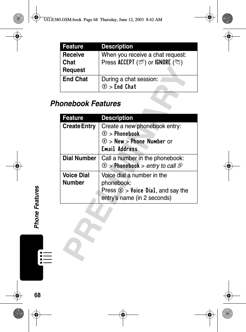 68Phone FeaturesPRELIMINARYPhonebook FeaturesReceive Chat Request When you receive a chat request:Press ACCEPT(+) or IGNORE(-)End Chat  During a chat session:M &gt;End ChatFeature DescriptionCreate Entry  Create a new phonebook entry:M &gt;PhonebookM &gt;New &gt;Phone Number or Email Address Dial NumberCall a number in the phonebook:M &gt;Phonebook &gt; entry to call NVoice Dial Number Voice dial a number in the phonebook:Press M&gt;Voice Dial, and say the entry’s name (in 2 seconds)Feature DescriptionUG.E380.GSM.book  Page 68  Thursday, June 12, 2003  8:42 AM