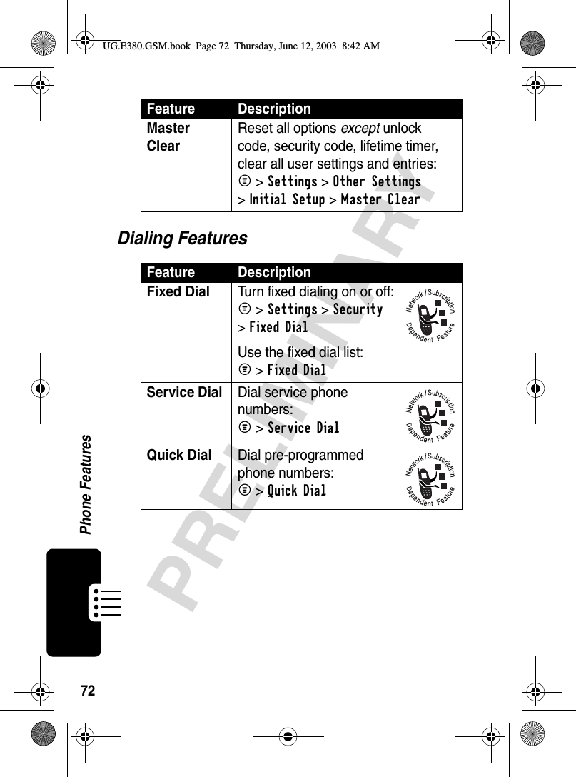 72Phone FeaturesPRELIMINARYDialing FeaturesMaster Clear Reset all options except unlock code, security code, lifetime timer, clear all user settings and entries:M &gt;Settings &gt;Other Settings &gt;Initial Setup &gt;Master ClearFeature DescriptionFixed Dial  Turn fixed dialing on or off:M &gt;Settings &gt;Security &gt;Fixed Dial Use the fixed dial list:M &gt;Fixed Dial Service Dial Dial service phone numbers:M &gt;Service DialQuick Dial Dial pre-programmed phone numbers:M &gt;Quick DialFeature DescriptionUG.E380.GSM.book  Page 72  Thursday, June 12, 2003  8:42 AM