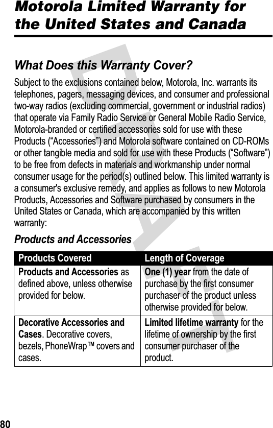 &apos;5$)7Motorola Limited Warranty for the United States and Canada:DUUDQW\:KDW&apos;RHVWKLV:DUUDQW\&amp;RYHU&quot;6XEMHFWWRWKHH[FOXVLRQVFRQWDLQHGEHORZ0RWRUROD,QFZDUUDQWVLWVWHOHSKRQHVSDJHUVPHVVDJLQJGHYLFHVDQGFRQVXPHUDQGSURIHVVLRQDOWZRZD\UDGLRVH[FOXGLQJFRPPHUFLDOJRYHUQPHQWRULQGXVWULDOUDGLRVWKDWRSHUDWHYLD)DPLO\5DGLR6HUYLFHRU*HQHUDO0RELOH5DGLR6HUYLFH0RWRURODEUDQGHGRUFHUWLILHGDFFHVVRULHVVROGIRUXVHZLWKWKHVH3URGXFWV³$FFHVVRULHV´DQG0RWRURODVRIWZDUHFRQWDLQHGRQ&amp;&apos;520VRURWKHUWDQJLEOHPHGLDDQGVROGIRUXVHZLWKWKHVH3URGXFWV³6RIWZDUH´WREHIUHHIURPGHIHFWVLQPDWHULDOVDQGZRUNPDQVKLSXQGHUQRUPDOFRQVXPHUXVDJHIRUWKHSHULRGVRXWOLQHGEHORZ7KLVOLPLWHGZDUUDQW\LVDFRQVXPHUVH[FOXVLYHUHPHG\DQGDSSOLHVDVIROORZVWRQHZ0RWRUROD3URGXFWV$FFHVVRULHVDQG6RIWZDUHSXUFKDVHGE\FRQVXPHUVLQWKH8QLWHG6WDWHVRU&amp;DQDGDZKLFKDUHDFFRPSDQLHGE\WKLVZULWWHQZDUUDQW\3URGXFWVDQG$FFHVVRULHV3URGXFWV&amp;RYHUHG /HQJWKRI&amp;RYHUDJH3URGXFWVDQG$FFHVVRULHVDVGHILQHGDERYHXQOHVVRWKHUZLVHSURYLGHGIRUEHORZ2QH\HDUIURPWKHGDWHRISXUFKDVHE\WKHILUVWFRQVXPHUSXUFKDVHURIWKHSURGXFWXQOHVVRWKHUZLVHSURYLGHGIRUEHORZ&apos;HFRUDWLYH$FFHVVRULHVDQG&amp;DVHV&apos;HFRUDWLYHFRYHUVEH]HOV3KRQH:UDSFRYHUVDQGFDVHV/LPLWHGOLIHWLPHZDUUDQW\IRUWKHOLIHWLPHRIRZQHUVKLSE\WKHILUVWFRQVXPHUSXUFKDVHURIWKHSURGXFW