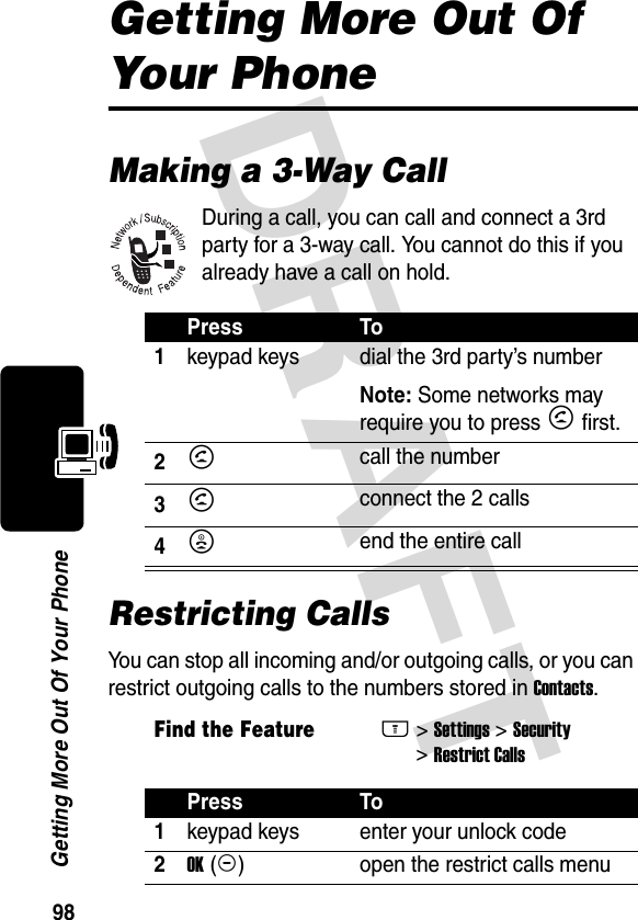 DRAFT 98Getting More Out Of Your PhoneGetting More Out Of Your PhoneMaking a 3-Way CallDuring a call, you can call and connect a 3rd party for a 3-way call. You cannot do this if you already have a call on hold.Restricting CallsYou can stop all incoming and/or outgoing calls, or you can restrict outgoing calls to the numbers stored in Contacts.Press To1keypad keys dial the 3rd party’s numberNote: Some networks may require you to press N first.2N call the number3N connect the 2 calls4O end the entire callFind the FeatureM&gt; Settings &gt; Security &gt; Restrict CallsPress To1keypad keys enter your unlock code2OK (+)open the restrict calls menu