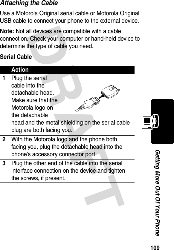 DRAFT 109Getting More Out Of Your PhoneAttaching the CableUse a Motorola Original serial cable or Motorola Original USB cable to connect your phone to the external device.Note: Not all devices are compatible with a cable connection. Check your computer or hand-held device to determine the type of cable you need.Serial CableAction1Plug the serial cable into the detachable head. Make sure that the Motorola logo on the detachable head and the metal shielding on the serial cable plug are both facing you.2With the Motorola logo and the phone both facing you, plug the detachable head into the phone’s accessory connector port.3Plug the other end of the cable into the serial interface connection on the device and tighten the screws, if present.