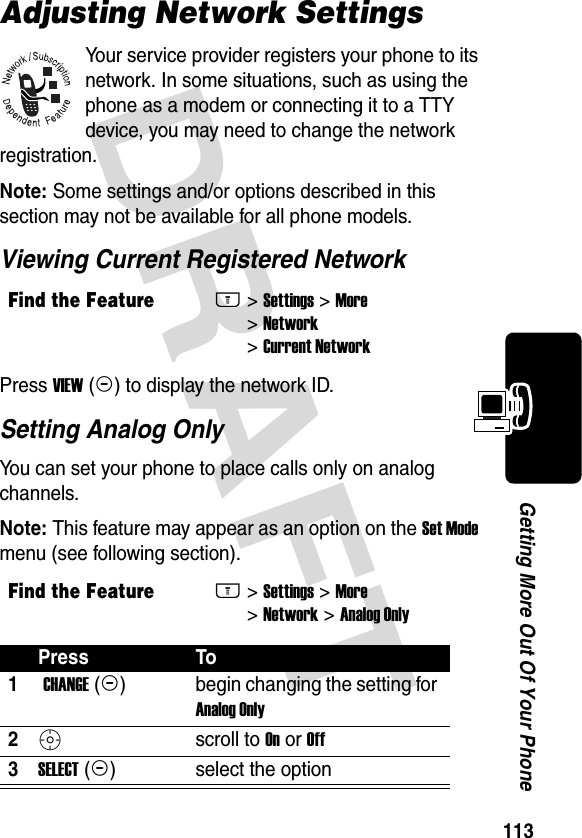 DRAFT 113Getting More Out Of Your PhoneAdjusting Network SettingsYour service provider registers your phone to its network. In some situations, such as using the phone as a modem or connecting it to a TTY device, you may need to change the network registration.Note: Some settings and/or options described in this section may not be available for all phone models.Viewing Current Registered NetworkPress VIEW (+) to display the network ID.Setting Analog OnlyYou can set your phone to place calls only on analog channels.Note: This feature may appear as an option on the Set Mode menu (see following section).Find the FeatureM&gt; Settings &gt; More &gt; Network &gt; Current NetworkFind the FeatureM&gt; Settings &gt; More &gt; Network &gt; Analog OnlyPress To1 CHANGE (+)begin changing the setting for Analog Only2S scroll to On or Off3SELECT (+)select the option