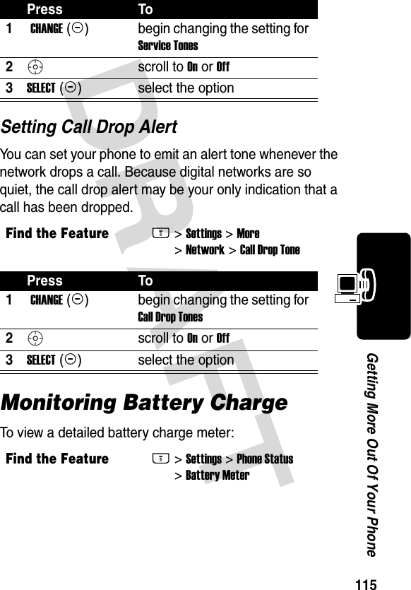 DRAFT 115Getting More Out Of Your PhoneSetting Call Drop AlertYou can set your phone to emit an alert tone whenever the network drops a call. Because digital networks are so quiet, the call drop alert may be your only indication that a call has been dropped.Monitoring Battery ChargeTo view a detailed battery charge meter:Press To1 CHANGE (+)begin changing the setting for Service Tones2Sscroll to On or Off3SELECT (+)select the optionFind the FeatureM&gt; Settings &gt; More &gt; Network &gt; Call Drop TonePress To1 CHANGE (+)begin changing the setting for Call Drop Tones2Sscroll to On or Off3SELECT (+)select the optionFind the FeatureM&gt; Settings &gt; Phone Status &gt; Battery Meter