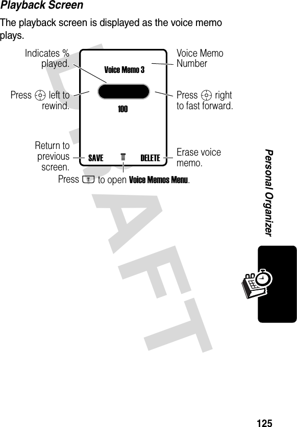 DRAFT 125Personal OrganizerPlayback ScreenThe playback screen is displayed as the voice memo plays.Voice Memo 3100Indicates % played.Return to previous screen.Voice Memo NumberPress S right to fast forward.Erase voice memo.Press M to open Voice Memos Menu.Press S left to rewind.DELETESAVE e