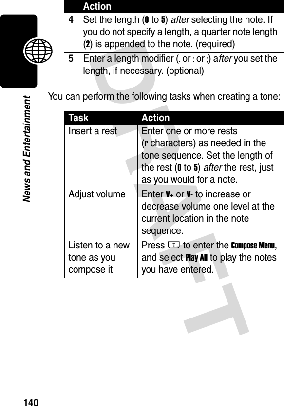 DRAFT 140News and EntertainmentYou can perform the following tasks when creating a tone:4Set the length (0 to 5) after selecting the note. If you do not specify a length, a quarter note length (2) is appended to the note. (required)5Enter a length modifier (. or : or ;) after you set the length, if necessary. (optional)Task ActionInsert a rest Enter one or more rests (r characters) as needed in the tone sequence. Set the length of the rest (0 to 5) after the rest, just as you would for a note.Adjust volume Enter V+ or V- to increase or decrease volume one level at the current location in the note sequence.Listen to a new tone as you compose itPress M to enter the Compose Menu, and select Play All to play the notes you have entered.Action