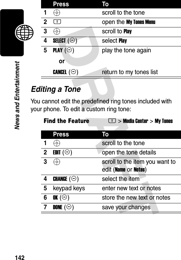 DRAFT 142News and EntertainmentEditing a ToneYou cannot edit the predefined ring tones included with your phone. To edit a custom ring tone:Press To1S scroll to the tone2M open the My Tones Menu3S scroll to Play4SELECT (+)  select Play5PLAY (+)orCANCEL (-)play the tone againreturn to my tones listFind the FeatureM&gt; Media Center &gt; My TonesPress To1S scroll to the tone2EDIT (+)open the tone details3S scroll to the item you want to edit (Name or Notes)4CHANGE (+)select the item5keypad keys enter new text or notes6OK (+)store the new text or notes7DONE (-)save your changes