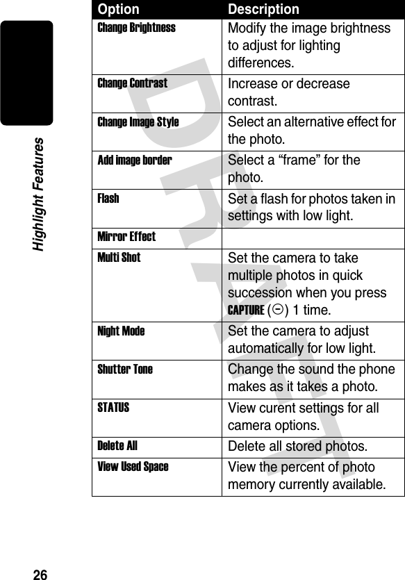 DRAFT 26Highlight FeaturesChange BrightnessModify the image brightness to adjust for lighting differences.Change ContrastIncrease or decrease contrast.Change Image StyleSelect an alternative effect for the photo.Add image borderSelect a “frame” for the photo.FlashSet a flash for photos taken in settings with low light.Mirror EffectMulti ShotSet the camera to take multiple photos in quick succession when you press CAPTURE(+) 1 time.Night ModeSet the camera to adjust automatically for low light.Shutter ToneChange the sound the phone makes as it takes a photo.STATUSView curent settings for all camera options.Delete AllDelete all stored photos.View Used SpaceView the percent of photo memory currently available.Option Description