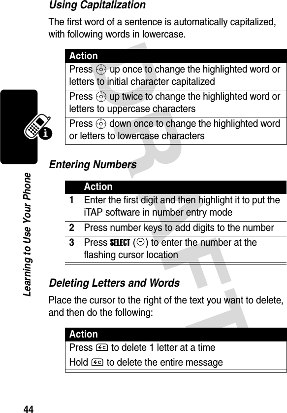 DRAFT 44Learning to Use Your PhoneUsing CapitalizationThe first word of a sentence is automatically capitalized, with following words in lowercase.Entering NumbersDeleting Letters and WordsPlace the cursor to the right of the text you want to delete, and then do the following:ActionPress S up once to change the highlighted word or letters to initial character capitalizedPress S up twice to change the highlighted word or letters to uppercase charactersPress S down once to change the highlighted word or letters to lowercase charactersAction1Enter the first digit and then highlight it to put the iTAP software in number entry mode2Press number keys to add digits to the number3Press SELECT(+) to enter the number at the flashing cursor locationActionPress C to delete 1 letter at a timeHold C to delete the entire message