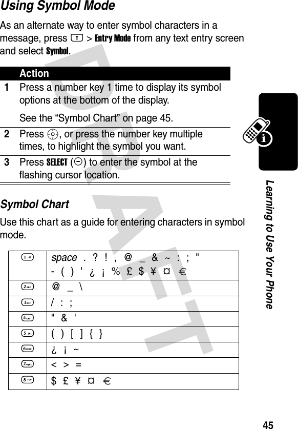 DRAFT 45Learning to Use Your PhoneUsing Symbol ModeAs an alternate way to enter symbol characters in a message, press M&gt;Entry Mode from any text entry screen and select Symbol.Symbol ChartUse this chart as a guide for entering characters in symbol mode.Action1Press a number key 1 time to display its symbol options at the bottom of the display.See the “Symbol Chart” on page 45.2Press S, or press the number key multiple times, to highlight the symbol you want.3Press SELECT(+) to enter the symbol at the flashing cursor location.1 space . ? ! , @ _ &amp; ~ : ; &quot;- ( ) &apos; ¿ ¡ % £ $ ¥   2 @ _ \3 / : ;4 &quot; &amp; &apos;5 ( ) [ ] { }6 ¿ ¡ ~7 &lt; &gt; =8 $ £ ¥   