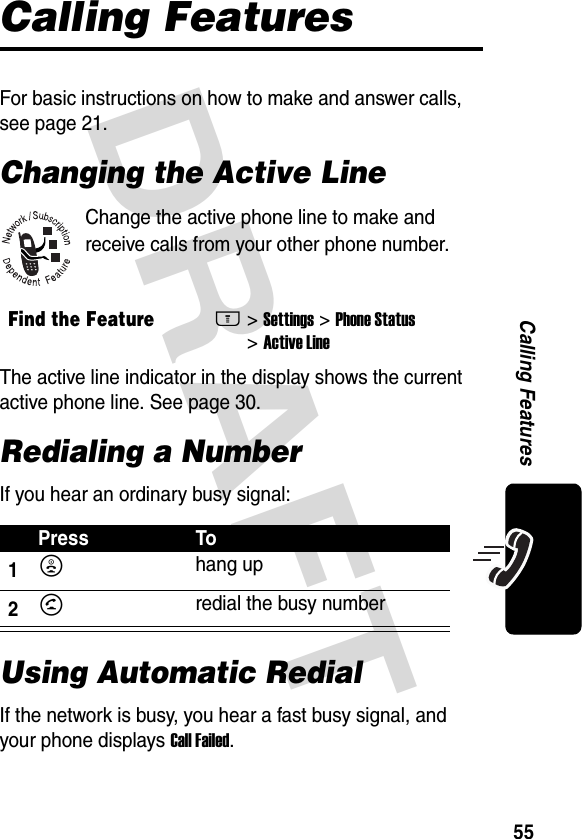 DRAFT 55Calling FeaturesCalling FeaturesFor basic instructions on how to make and answer calls, see page 21.Changing the Active LineChange the active phone line to make and receive calls from your other phone number.The active line indicator in the display shows the current active phone line. See page 30.Redialing a NumberIf you hear an ordinary busy signal:Using Automatic RedialIf the network is busy, you hear a fast busy signal, and your phone displays Call Failed.Find the FeatureM&gt;Settings &gt;Phone Status &gt;Active LinePress To1O hang up2N redial the busy number