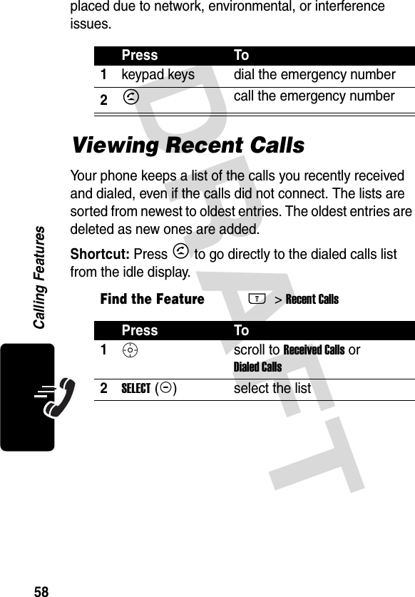 DRAFT 58Calling Featuresplaced due to network, environmental, or interference issues.Viewing Recent CallsYour phone keeps a list of the calls you recently received and dialed, even if the calls did not connect. The lists are sorted from newest to oldest entries. The oldest entries are deleted as new ones are added.Shortcut: Press N to go directly to the dialed calls list from the idle display.Press To1keypad keys dial the emergency number2N call the emergency numberFind the FeatureM &gt;Recent CallsPress To1S scroll to Received Calls or Dialed Calls2SELECT(+) select the list