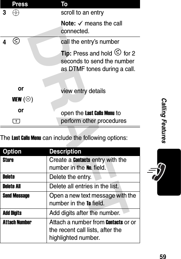 DRAFT 59Calling FeaturesThe Last Calls Menu can include the following options:3S  scroll to an entryNote: &lt; means the call connected.4N orVIEW(+) orM call the entry’s numberTip: Press and hold N for 2 seconds to send the number as DTMF tones during a call.view entry detailsopen the Last Calls Menu to perform other proceduresOption DescriptionStore Create a Contacts entry with the number in the No. field.DeleteDelete the entry.Delete AllDelete all entries in the list.Send Message  Open a new text message with the number in the To field.Add Digits  Add digits after the number.Attach Number  Attach a number from Contacts or or the recent call lists, after the highlighted number.Press To