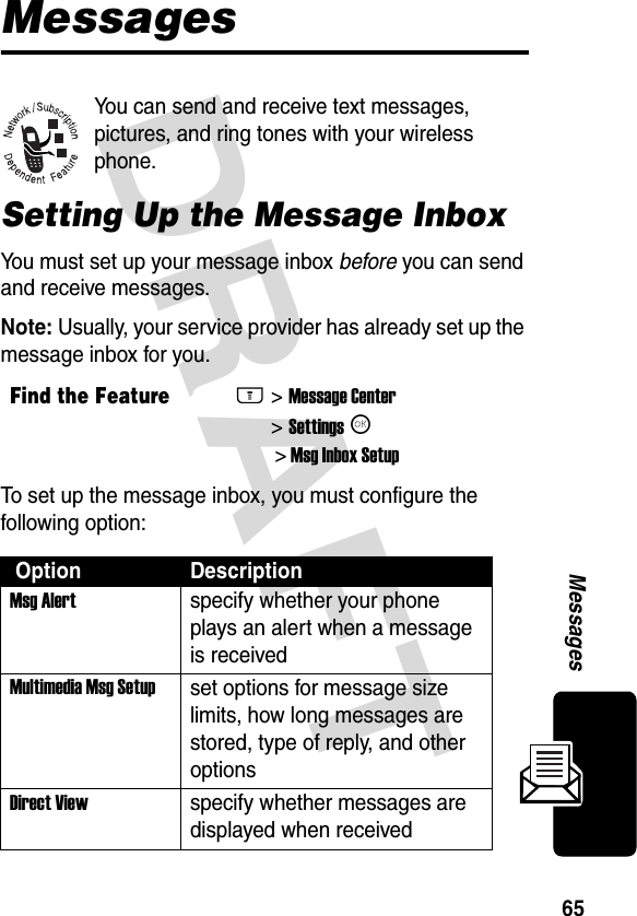 DRAFT 65MessagesMessagesYou can send and receive text messages, pictures, and ring tones with your wireless phone.Setting Up the Message InboxYou must set up your message inbox before you can send and receive messages.Note: Usually, your service provider has already set up the message inbox for you.To set up the message inbox, you must configure the following option:Find the FeatureM&gt; Message Center &gt; Settings K  &gt; Msg Inbox Setup Option DescriptionMsg Alertspecify whether your phone plays an alert when a message is receivedMultimedia Msg Setupset options for message size limits, how long messages are stored, type of reply, and other optionsDirect Viewspecify whether messages are displayed when received