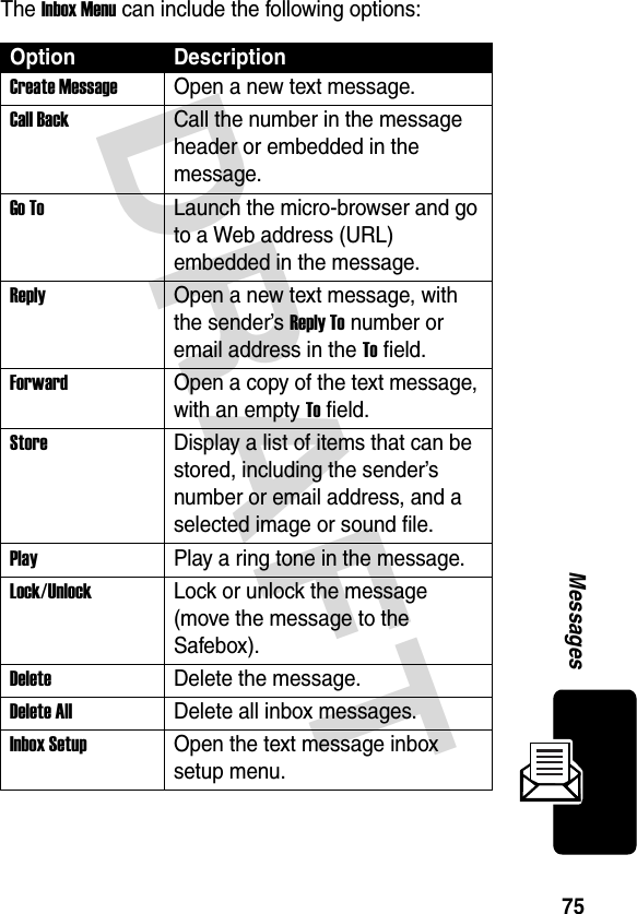 DRAFT 75MessagesThe Inbox Menu can include the following options:Option DescriptionCreate Message Open a new text message.Call Back Call the number in the message header or embedded in the message.Go To Launch the micro-browser and go to a Web address (URL) embedded in the message.Reply Open a new text message, with the sender’s Reply To number or email address in the To field.Forward Open a copy of the text message, with an empty To field.Store Display a list of items that can be stored, including the sender’s number or email address, and a selected image or sound file.Play Play a ring tone in the message.Lock/Unlock Lock or unlock the message (move the message to the Safebox).Delete Delete the message.Delete All Delete all inbox messages.Inbox Setup Open the text message inbox setup menu.