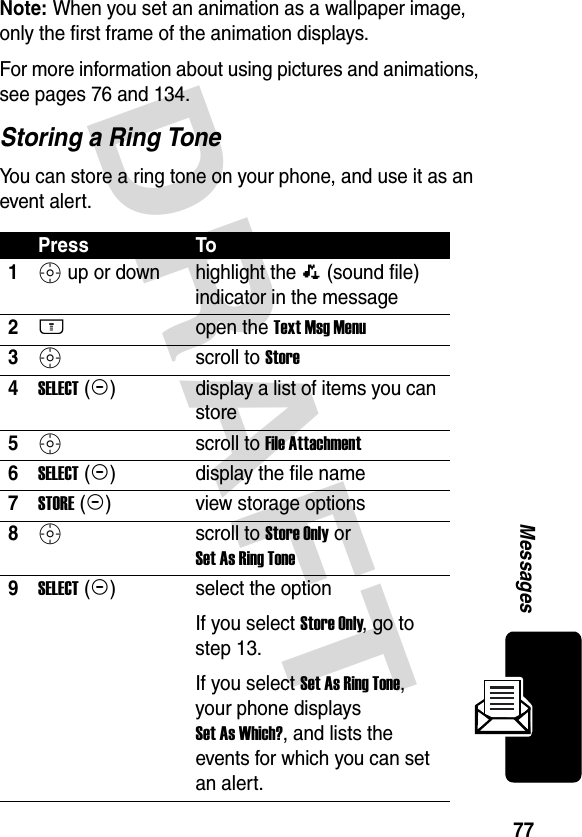 DRAFT 77MessagesNote: When you set an animation as a wallpaper image, only the first frame of the animation displays.For more information about using pictures and animations, see pages 76 and 134.Storing a Ring ToneYou can store a ring tone on your phone, and use it as an event alert.Press To1S up or down highlight the ê (sound file) indicator in the message2M open the Text Msg Menu3S scroll to Store4SELECT (+)display a list of items you can store5S scroll to File Attachment6SELECT (+)display the file name7STORE (+)view storage options8S scroll to Store Only or Set As Ring Tone9SELECT (+)select the optionIf you select Store Only, go to step 13.If you select Set As Ring Tone, your phone displays Set As Which?, and lists the events for which you can set an alert.