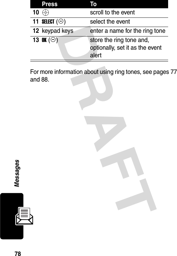 DRAFT 78MessagesFor more information about using ring tones, see pages 77 and 88.10S scroll to the event11SELECT (+)select the event12keypad keys enter a name for the ring tone13OK (+)store the ring tone and, optionally, set it as the event alertPress To