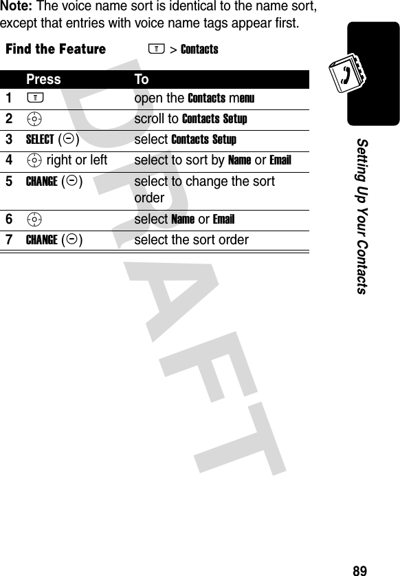 DRAFT 89Setting Up Your ContactsNote: The voice name sort is identical to the name sort, except that entries with voice name tags appear first.Find the FeatureM&gt; ContactsPress To1M open the Contacts menu2S scroll to Contacts Setup3SELECT (+)select Contacts Setup4S right or left  select to sort by Name or Email5CHANGE (+)select to change the sort order6Sselect Name or Email7CHANGE (+)select the sort order