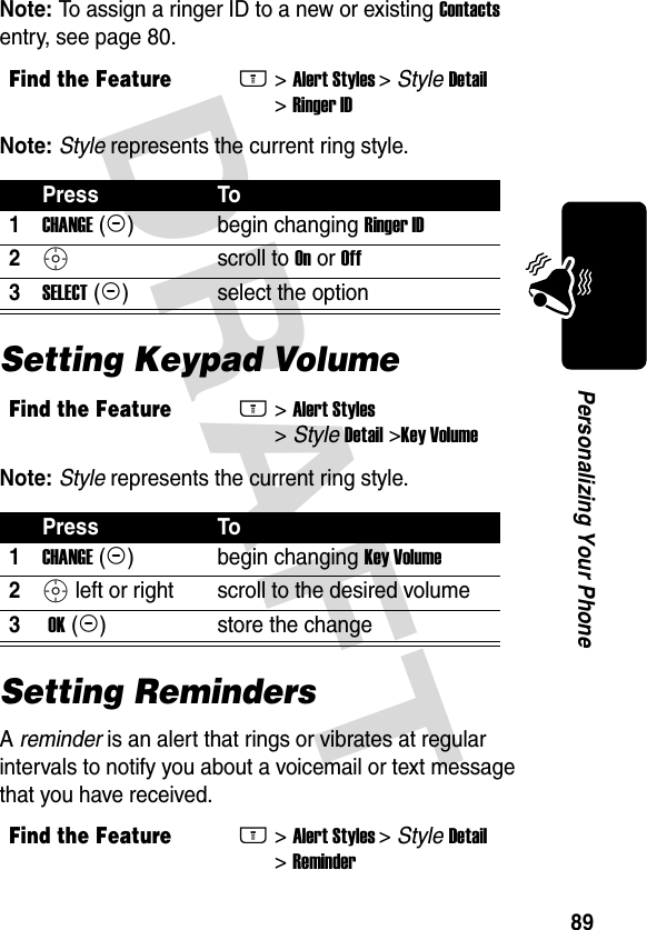 DRAFT 89Personalizing Your PhoneNote: To assign a ringer ID to a new or existing Contacts entry, see page 80.Note: Style represents the current ring style.Setting Keypad VolumeNote: Style represents the current ring style.Setting RemindersA reminder is an alert that rings or vibrates at regular intervals to notify you about a voicemail or text message that you have received.Find the FeatureM&gt; Alert Styles &gt; Style Detail &gt; Ringer IDPress To1CHANGE (+)begin changing Ringer ID2Sscroll to On or Off3SELECT (+)select the optionFind the FeatureM&gt; Alert Styles &gt; Style Detail &gt;Key VolumePress To1CHANGE (+)begin changing Key Volume2S left or right  scroll to the desired volume3 OK (+)store the changeFind the FeatureM&gt; Alert Styles &gt; Style Detail &gt; Reminder