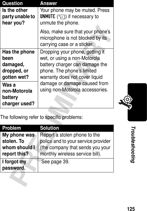 125PRELIMINARYTroubleshootingThe following refer to specific problems:Is the other party unable to hear you? Your phone may be muted. Press UNMUTE(+) if necessary to unmute the phone.Also, make sure that your phone’s microphone is not blocked by its carrying case or a sticker.Has the phone been damaged, dropped, or gotten wet? Dropping your phone, getting it wet, or using a non-Motorola battery charger can damage the phone. The phone’s limited warranty does not cover liquid damage or damage caused from using non-Motorola accessories.Was a non-Motorola battery charger used? Problem SolutionMy phone was stolen. To whom should I report this? Report a stolen phone to the police and to your service provider (the company that sends you your monthly wireless service bill).I forgot my password. See page 39.Question Answer