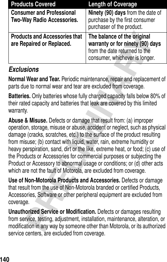 140PRELIMINARYExclusionsNormal Wear and Tear. Periodic maintenance, repair and replacement of parts due to normal wear and tear are excluded from coverage.Batteries. Only batteries whose fully charged capacity falls below 80% of their rated capacity and batteries that leak are covered by this limited warranty.Abuse &amp; Misuse. Defects or damage that result from: (a) improper operation, storage, misuse or abuse, accident or neglect, such as physical damage (cracks, scratches, etc.) to the surface of the product resulting from misuse; (b) contact with liquid, water, rain, extreme humidity or heavy perspiration, sand, dirt or the like, extreme heat, or food; (c) use of the Products or Accessories for commercial purposes or subjecting the Product or Accessory to abnormal usage or conditions; or (d) other acts which are not the fault of Motorola, are excluded from coverage.Use of Non-Motorola Products and Accessories. Defects or damage that result from the use of Non-Motorola branded or certified Products, Accessories, Software or other peripheral equipment are excluded from coverage.Unauthorized Service or Modification. Defects or damages resulting from service, testing, adjustment, installation, maintenance, alteration, or modification in any way by someone other than Motorola, or its authorized service centers, are excluded from coverage.Consumer and Professional Two-Way Radio Accessories. Ninety (90) days from the date of purchase by the first consumer purchaser of the product.Products and Accessories that are Repaired or Replaced. The balance of the original warranty or for ninety (90) days from the date returned to the consumer, whichever is longer.Products Covered Length of Coverage