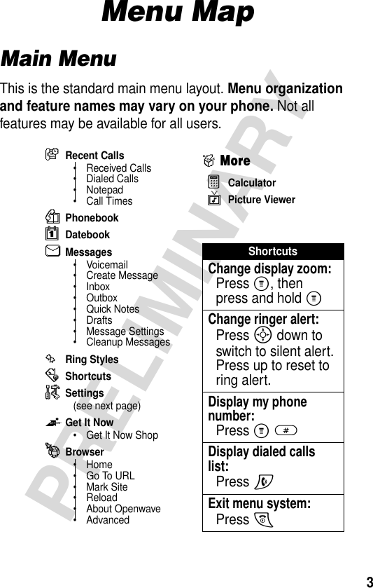 3PRELIMINARYMenu MapMain MenuThis is the standard main menu layout. Menu organization and feature names may vary on your phone. Not all features may be available for all users.zRecent Calls• Received Calls• Dialed Calls• Notepad• Call TimesàPhonebookgDatebookUMessages•Voicemail• Create Message•Inbox• Outbox• Quick Notes•Drafts• Message Settings• Cleanup MessagessRing Styles:Shortcuts/Settings(see next page)ZGetItNow• Get It Now ShopèBrowser•Home• Go To URL•Mark Site• Reload• About Openwave•Advanced&gt;MoreaCalculatorvPicture ViewerShortcutsChange display zoom:Press M, then press and hold MChange ringer alert:Press S down to switch to silent alert. Press up to reset to ring alert.Display my phone number:Press M#Display dialed calls list: Press NExit menu system: Press O