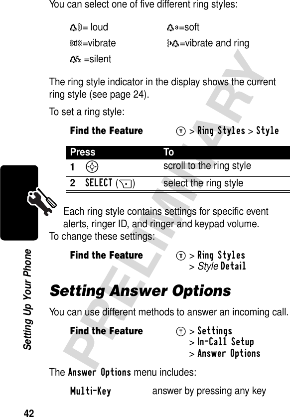 42PRELIMINARYSetting Up Your PhoneYou can select one of five different ring styles:The ring style indicator in the display shows the current ring style (see page 24).To set a ring style:Each ring style contains settings for specific event alerts, ringer ID, and ringer and keypad volume. To change these settings:Setting Answer OptionsYou can use different methods to answer an incoming call.The Answer Options menu includes:Y= loudX=softW=vibrateZ=vibrate and ringaA=silentFind the FeatureM&gt;Ring Styles &gt;StylePress To1S scroll to the ring style2SELECT(+) select the ring styleFind the FeatureM&gt;Ring Styles &gt;StyleDetailFind the FeatureM&gt;Settings &gt;In-Call Setup &gt;Answer OptionsMulti-Key  answer by pressing any key