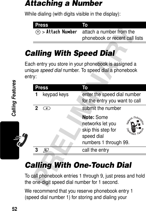 52PRELIMINARYCalling FeaturesAttaching a NumberWhile dialing (with digits visible in the display):Calling With Speed DialEach entry you store in your phonebook is assigned a unique speed dial number. To speed dial a phonebook entry:Calling With One-Touch DialTo call phonebook entries 1 through 9, just press and hold the one-digit speed dial number for 1 second.We recommend that you reserve phonebook entry 1 (speed dial number 1) for storing and dialing your Press ToM &gt;Attach Numberattach a number from the phonebook or recent call listsPress To1keypad keys enter the speed dial number for the entry you want to call2# submit the numberNote: Some networks let you skip this step for speed dial numbers 1 through 99.3N  call the entry