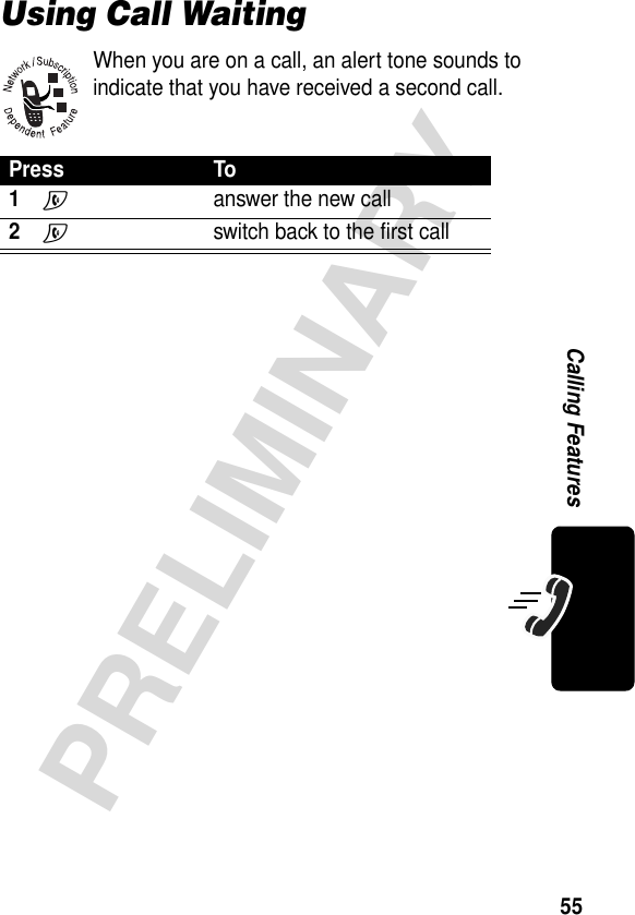 55PRELIMINARYCalling FeaturesUsing Call WaitingWhen you are on a call, an alert tone sounds to indicate that you have received a second call.Press To1N  answer the new call2N  switch back to the first call