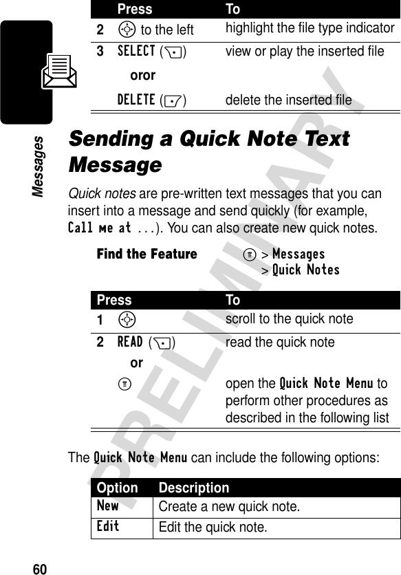 60PRELIMINARYMessagesSending a Quick Note Text MessageQuick notes are pre-written text messages that you can insert into a message and send quickly (for example, Call me at ...). You can also create new quick notes.The Quick Note Menu can include the following options:2S to the left highlight the file type indicator3SELECT(+)ororDELETE(-)view or play the inserted filedelete the inserted fileFind the FeatureM&gt;Messages &gt;Quick NotesPress To1S scroll to the quick note2READ(+) read the quick noteorM open the Quick Note Menu to perform other procedures as described in the following listOption DescriptionNew Create a new quick note.Edit Edit the quick note.Press To