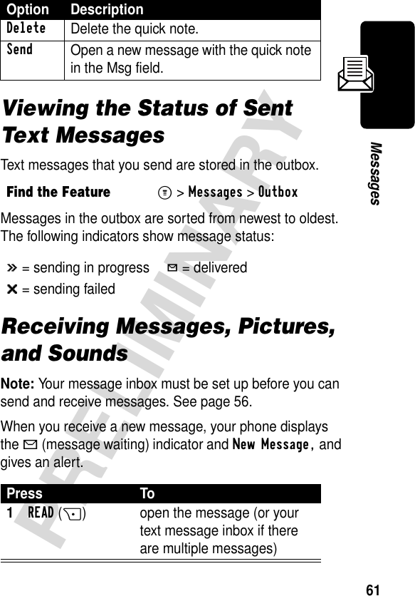 61PRELIMINARYMessagesViewing the Status of Sent Text MessagesText messages that you send are stored in the outbox.Messages in the outbox are sorted from newest to oldest. The following indicators show message status:Receiving Messages, Pictures, and SoundsNote: Your message inbox must be set up before you can send and receive messages. See page 56.When you receive a new message, your phone displays the g (message waiting) indicator and New Message, and gives an alert. Delete Delete the quick note.Send Open a new message with the quick note in the Msg field.Find the FeatureM&gt;Messages &gt;Outbox&lt; = sending in progressh = delivered&gt; = sending failedPress To1READ(+) open the message (or your text message inbox if there are multiple messages)Option Description