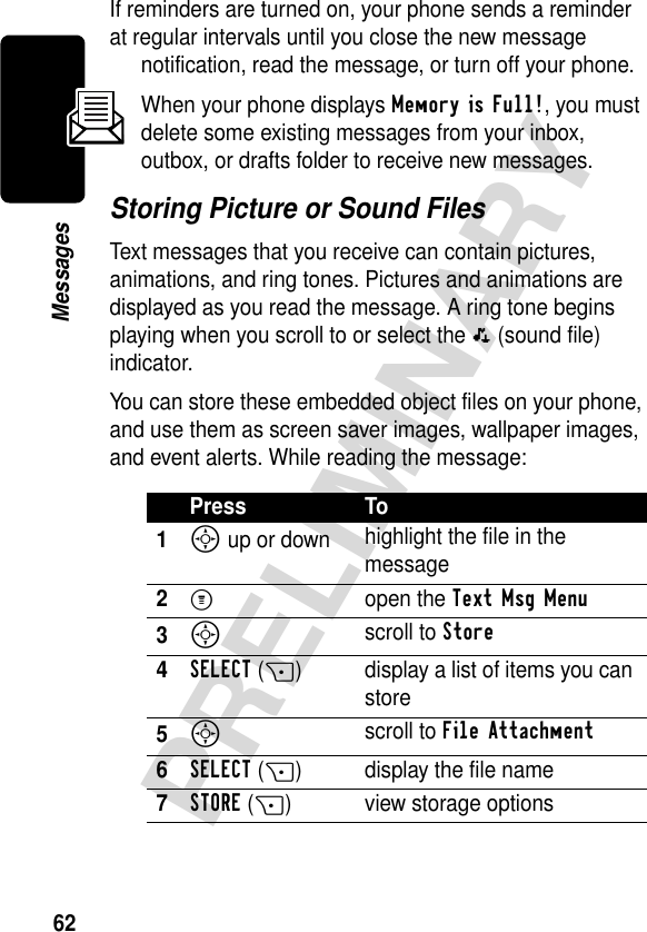 62PRELIMINARYMessagesIf reminders are turned on, your phone sends a reminder at regular intervals until you close the new message notification, read the message, or turn off your phone.When your phone displays Memory is Full!, you must delete some existing messages from your inbox, outbox, or drafts folder to receive new messages.Storing Picture or Sound FilesText messages that you receive can contain pictures, animations, and ring tones. Pictures and animations are displayed as you read the message. A ring tone begins playing when you scroll to or select the p (sound file) indicator.You can store these embedded object files on your phone, and use them as screen saver images, wallpaper images, and event alerts. While reading the message:Press To1S up or down highlight the file in the message2M open the Text Msg Menu3S scroll to Store4SELECT(+) display a list of items you can store5S scroll to File Attachment6SELECT(+) display the file name7STORE(+) view storage options